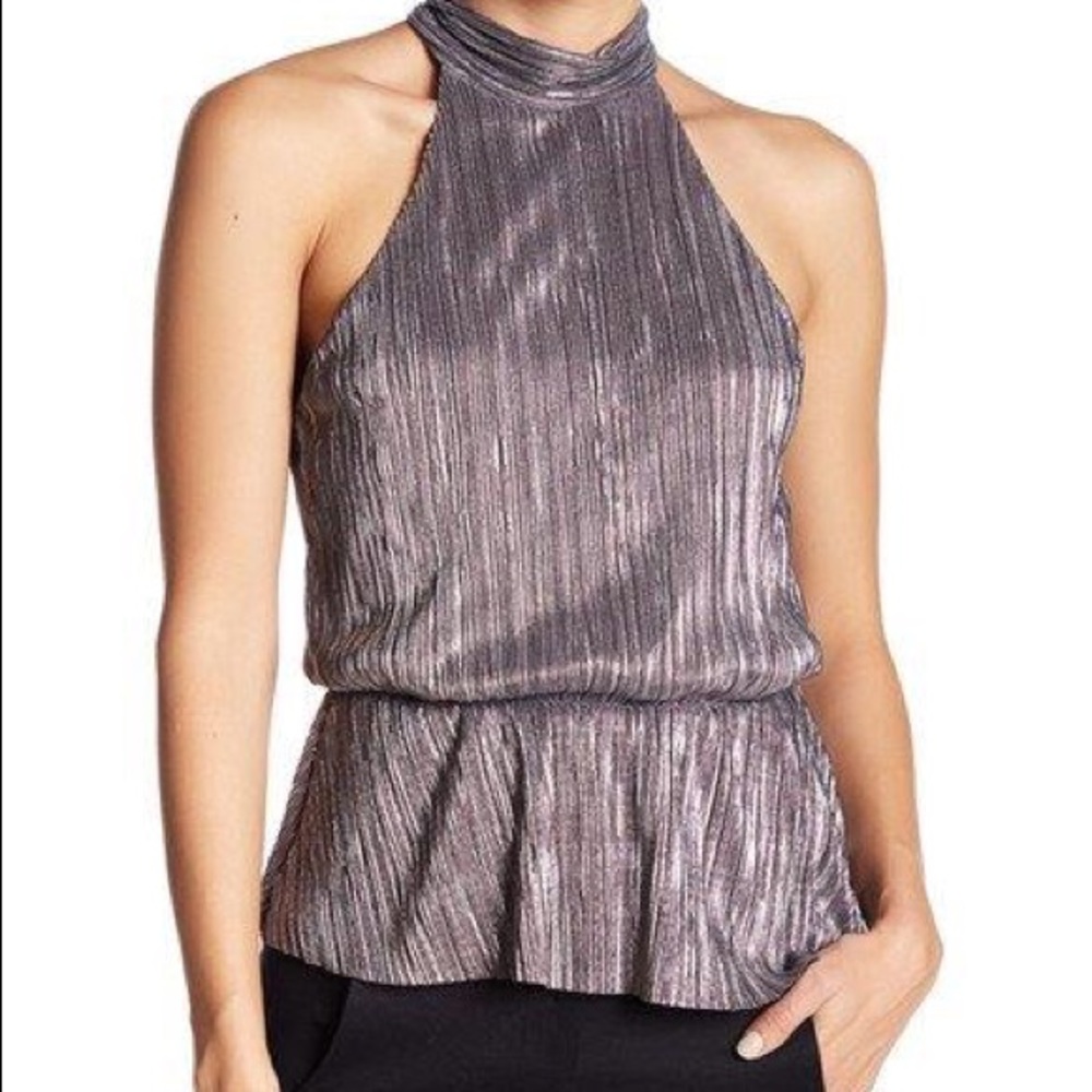 ASTR the Label Mock Tie Neck Crinkle Peplum Blouse